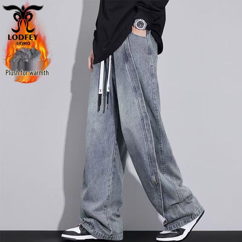 Longdafei Plus Size Men's Retro Straight Leg Jeans - Autumn/Winter Loose Fit Casual Pants