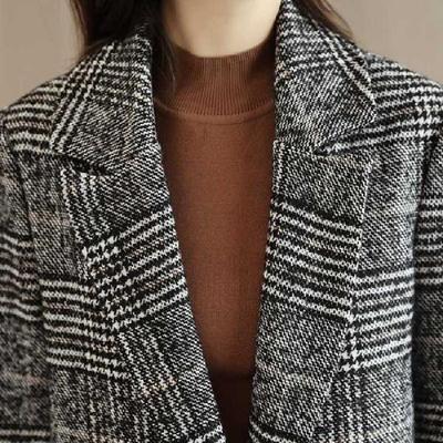 Woolen Coat Women's New Style Retro Plaid Mid-length Woolen Coat Korean Style Loose Autumn and Winter Coat