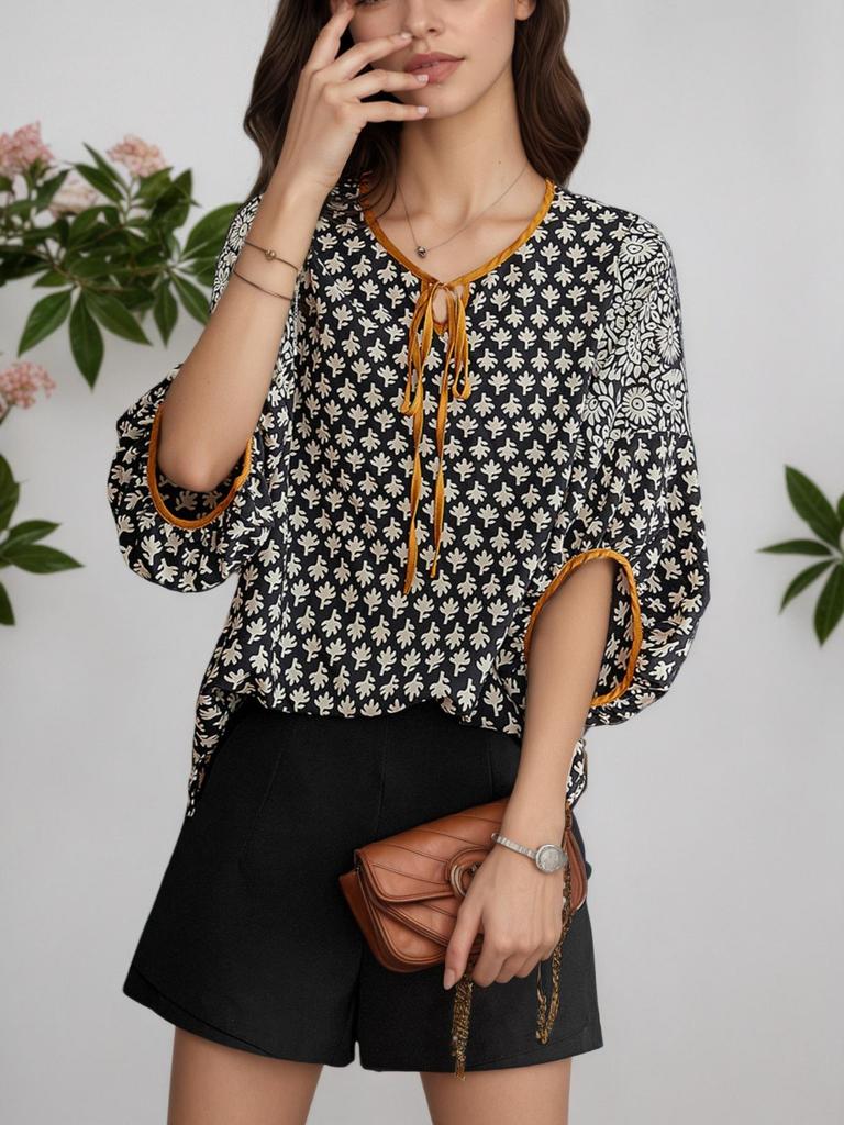 Retro Print Lace-Up Mid-Sleeve Chiffon Shirt - Women's European & American Style 2026