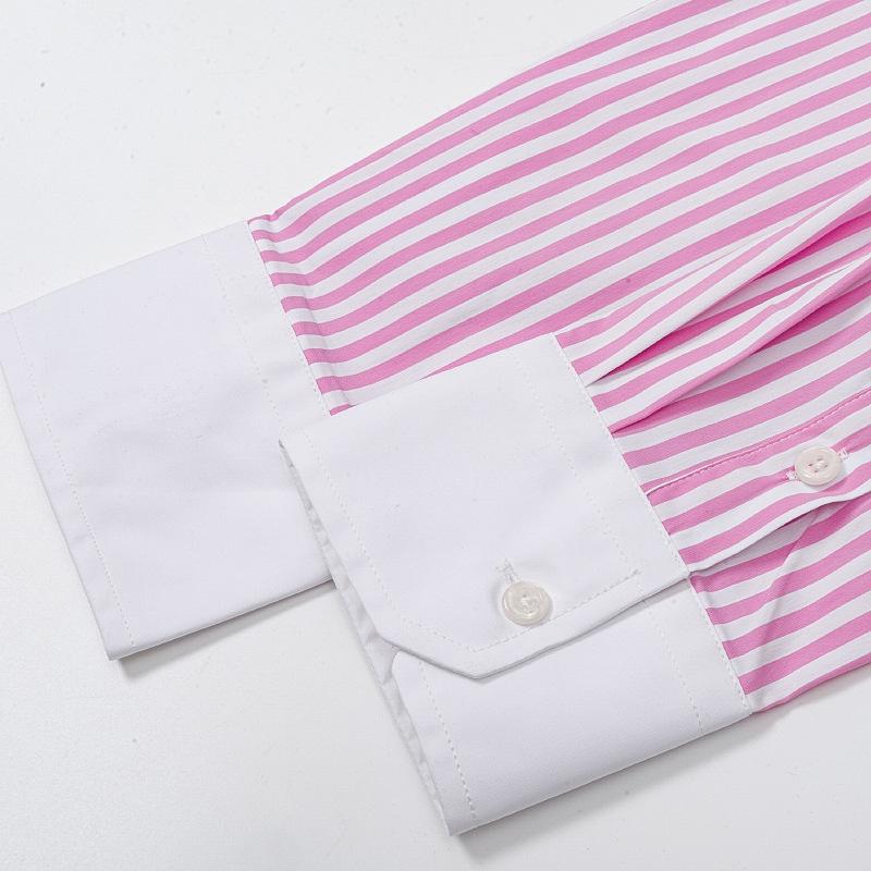 Women's Casual Pink and White Striped Long-Sleeve Lapel Shirt - Preppy, Age-Reducing Style