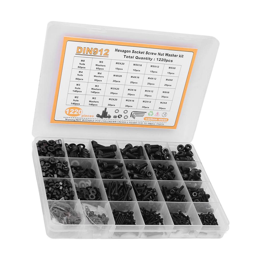 1220 Stück Innensechskant Schrauben Muttern Unterlegscheiben Sortimentskasten Zylinderkopf Kohlenstoffstahl M2 M3 M4 M5 Schwarz