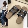 Women's Summer Soft Bottom Double Strap Sandals - Trendy Square Buckle Beach Slippers