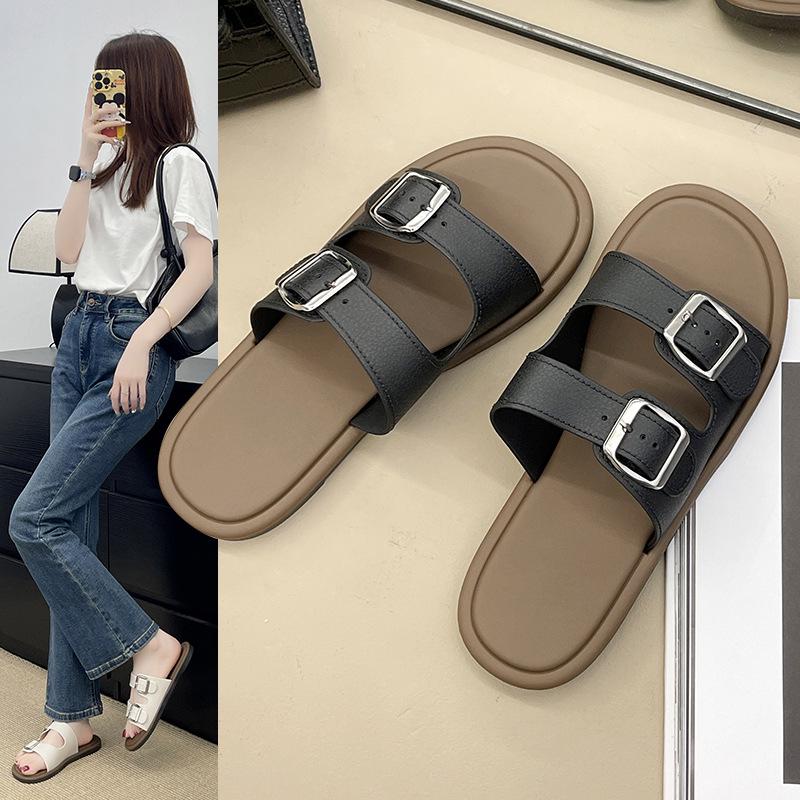 Women's Summer Soft Bottom Double Strap Sandals - Trendy Square Buckle Beach Slippers