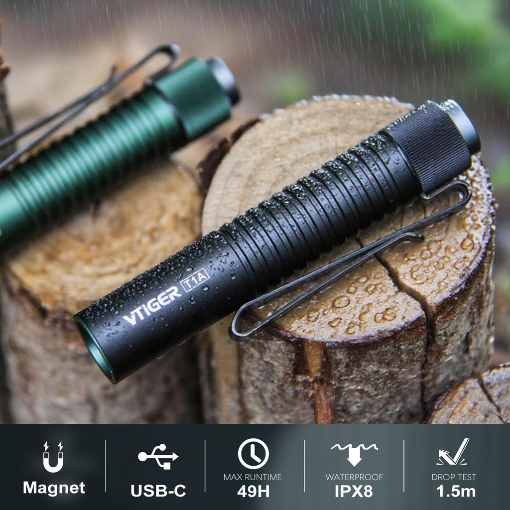 VTIGER T1A Compact Mini Pocket Flashlight with 1300 Compact AA Rechargeable Lightweight Flashlight with Super Bright Tail Switch and Magnetic Ideal