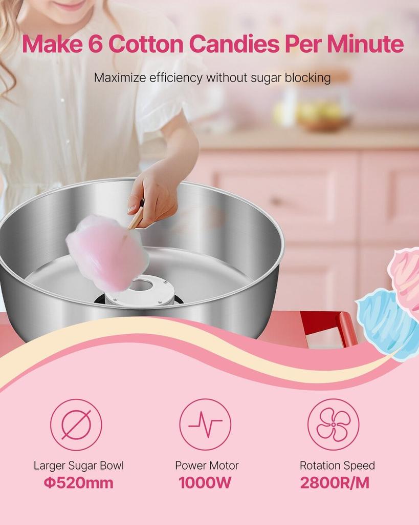 Commercial Cotton Candy Machine with Cart Sugar Floss Maker 1000W Red
