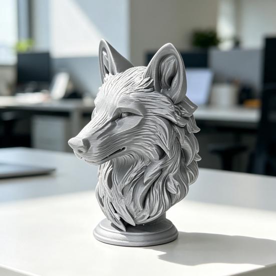 3D Printed Wolf Head Figurine, Realistic Wolf Head Statue with Round Base, Wild Animal Head Sculpture for Home Office Bookshelf