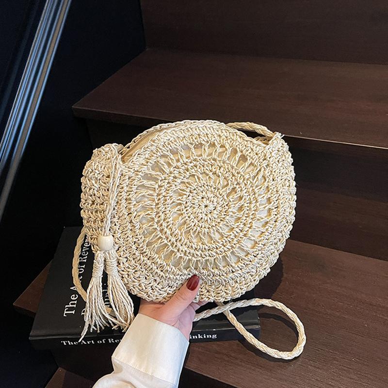 Women Hollow Straw Bag Circle Rattan Bag Round Soft Paper Rope Shoulder MessengerBag Tassel Summer Beach Handmade Crossbody Bags