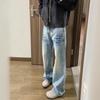 Men's Washed Blue Straight-Leg Jeans, Spring/Autumn High Street Style, Cleanfit Micro-Flared Long Pants