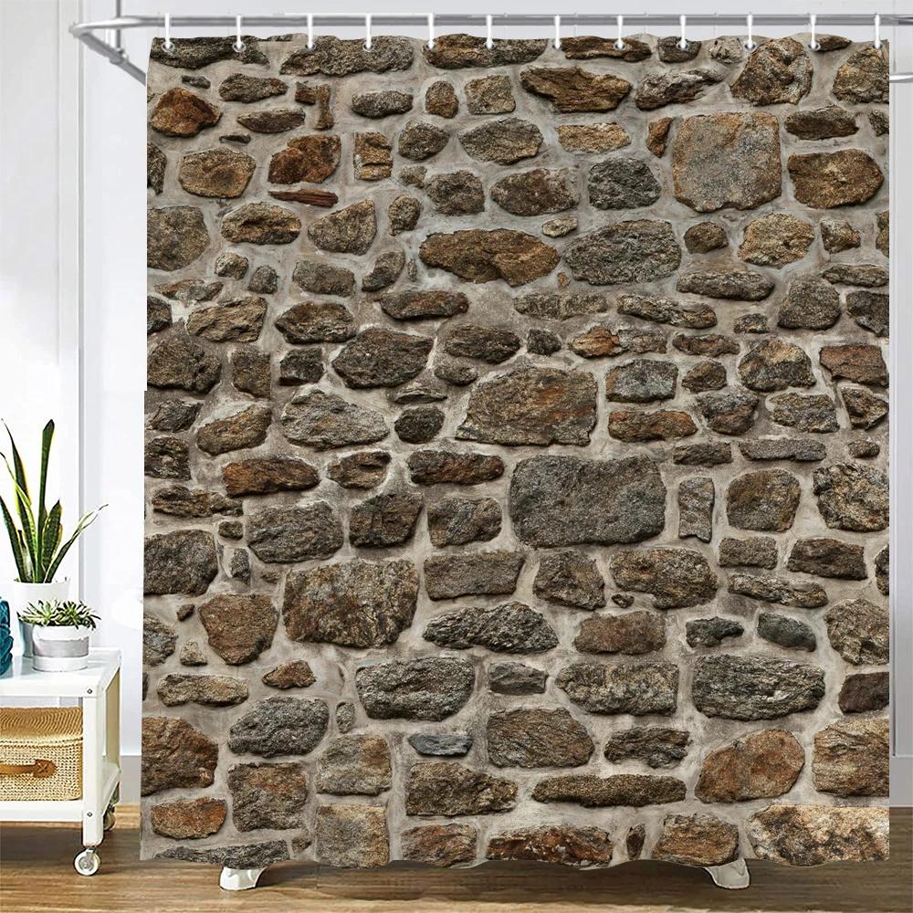 Stone Wall Painting Shower Curtain Bathroom Curtain Polyester Fabric Art Shower Curtains Restroom Decor Waterproof With Hooks