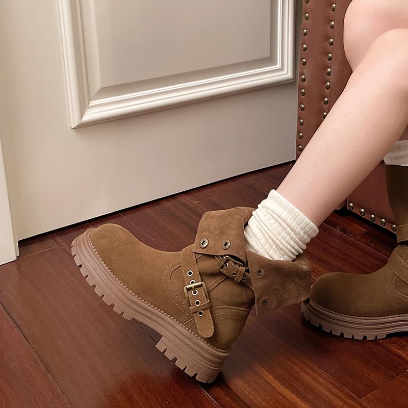 Fashion Studded Metal Buckle Platform Single Boots Women's Autumn New Round Toe Upper Foot Non-Slip Block Heel Short Boots