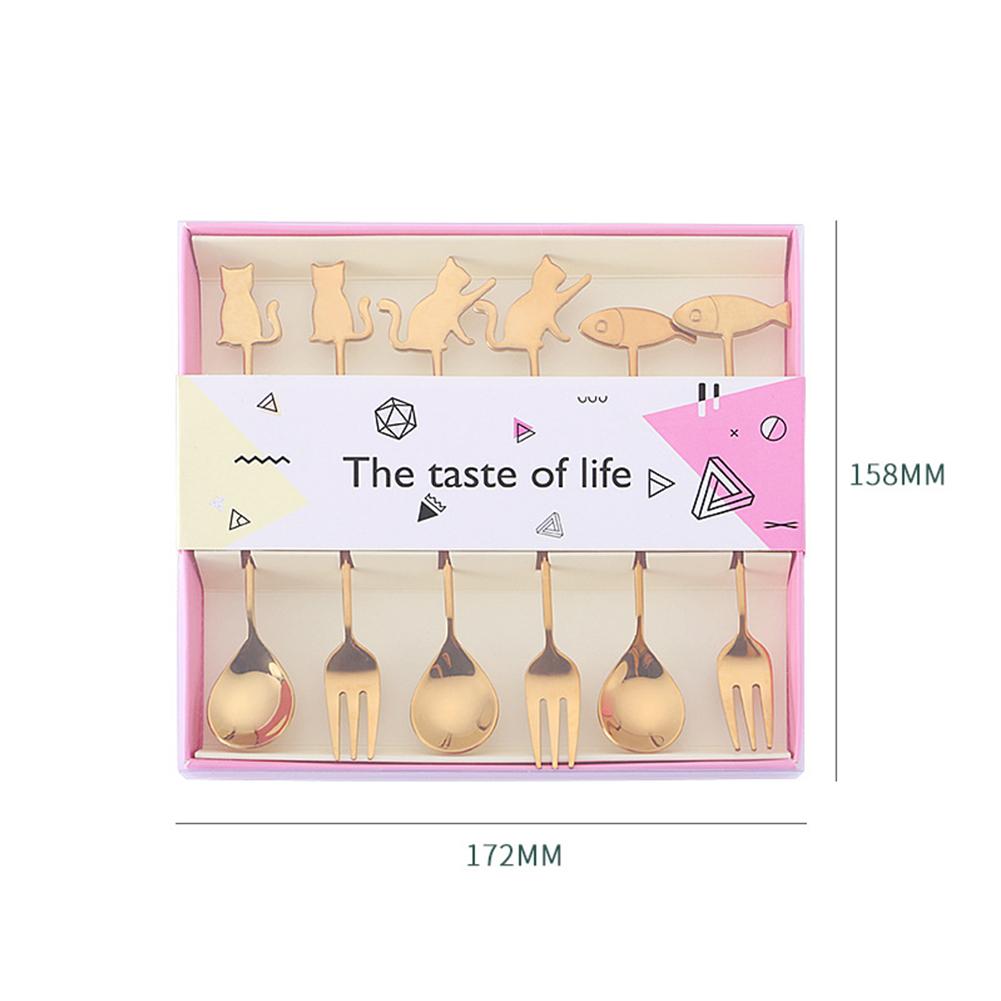 6pcs Spoons Fork Set 304 Stainless Steel Cat Fish Shape Coffee Snacks Fruit Prikkers Dessert Fork Kitchen Tool