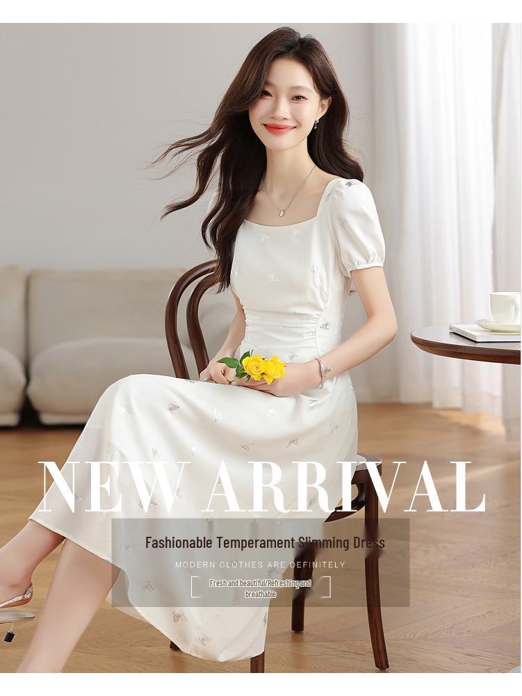 Elegant French White Summer Dress - Designer Style, Slim Fit, Long Skirt