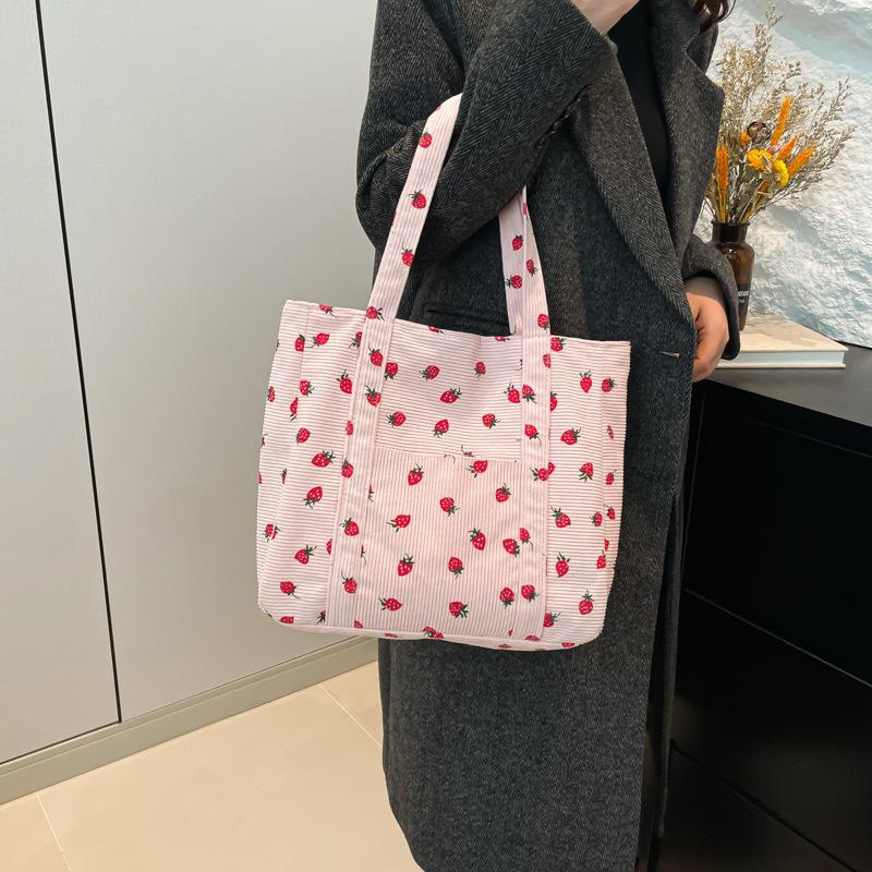 Strawberries Corduroy Handbag Sweet Women's Bag Fashionable Versatile Shoulder Bag Beautiful Simple Commuter Women's Tote Bags
