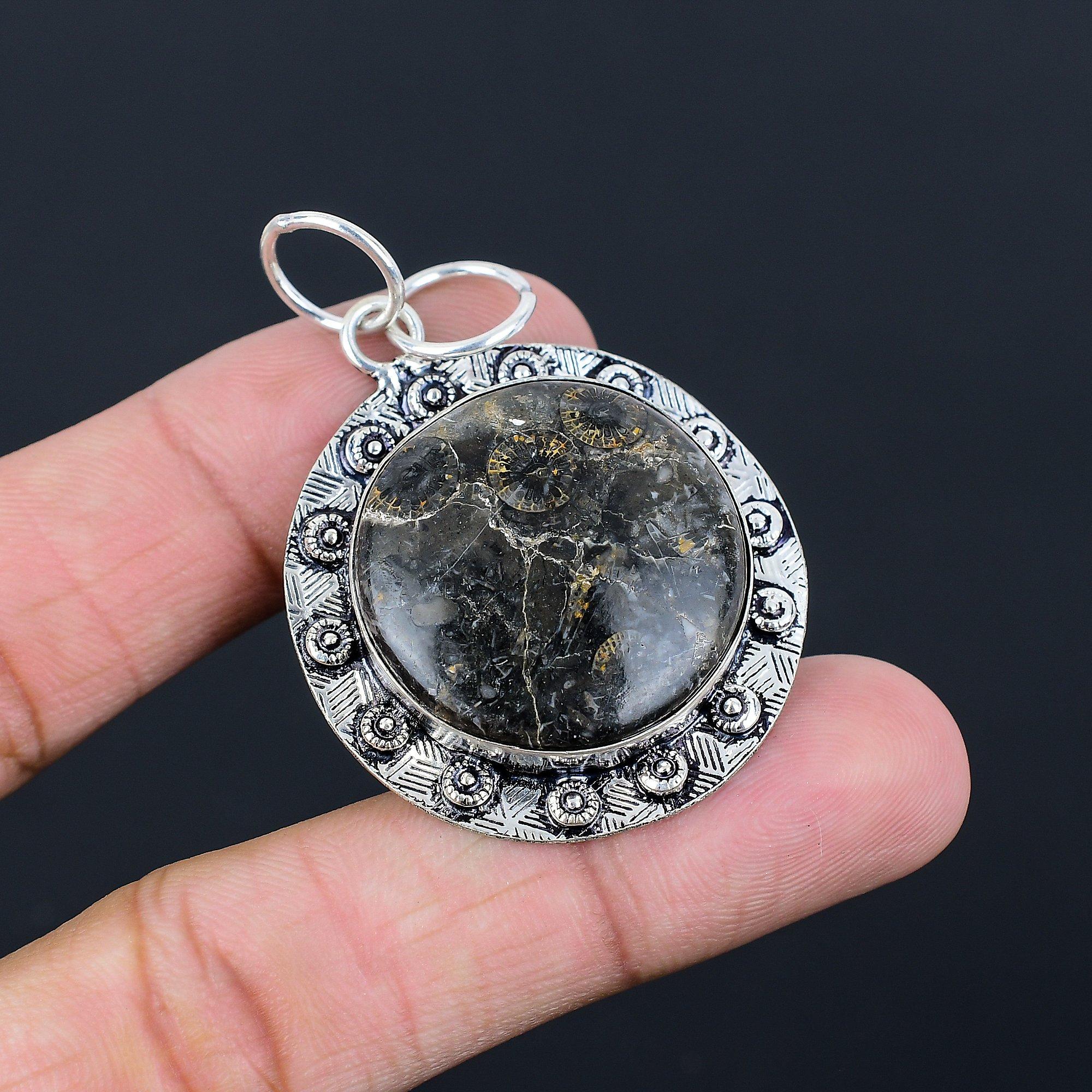 Easter Deal 925 Silver Root Chakra Natural Black Fossil Coral Mother New Pendant