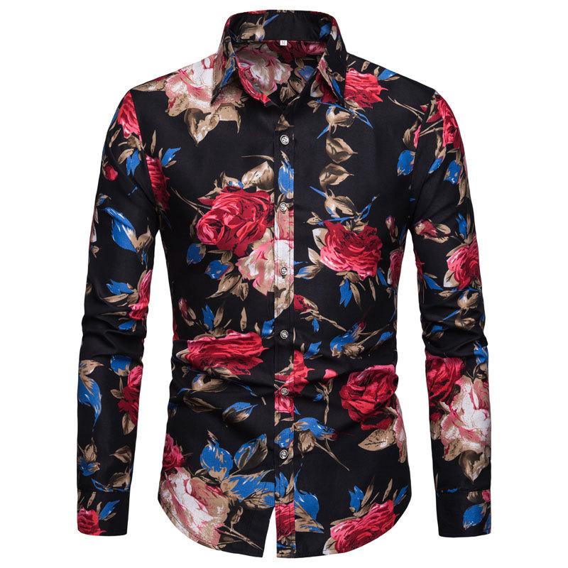

2026 Man Shirts Vintage Clothes Flowers Shirt Korean Clothing Mens Fashion Beach Shirts Men Long Sleeve Shirt Top M чёрный
