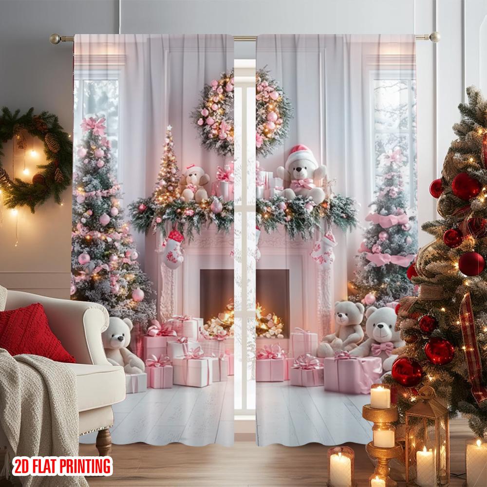 2pcs 2D flat printing Merry Christmas Popular Curtains Pink fireplace Versatile Fabric Without Electricity Party Decorations Use