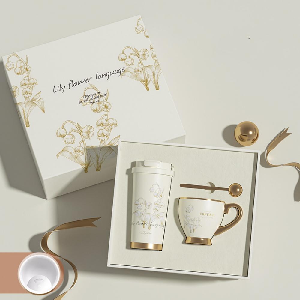 Набор керамических термокружек для кофе 530 мл и кружек 280 мл с подарочной коробкой - Набор посуды в качестве свадебного сувенира 280-530ml белый