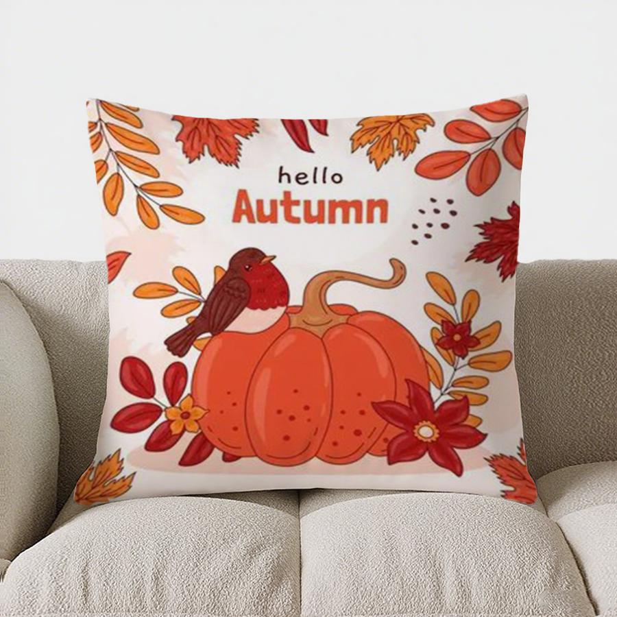 Home Decor Hello Autumn: Bird & Pumpkin Throw Pillow Pattern Cushion Cover Suitable For Sofa Bedroom Car Pillow Cover