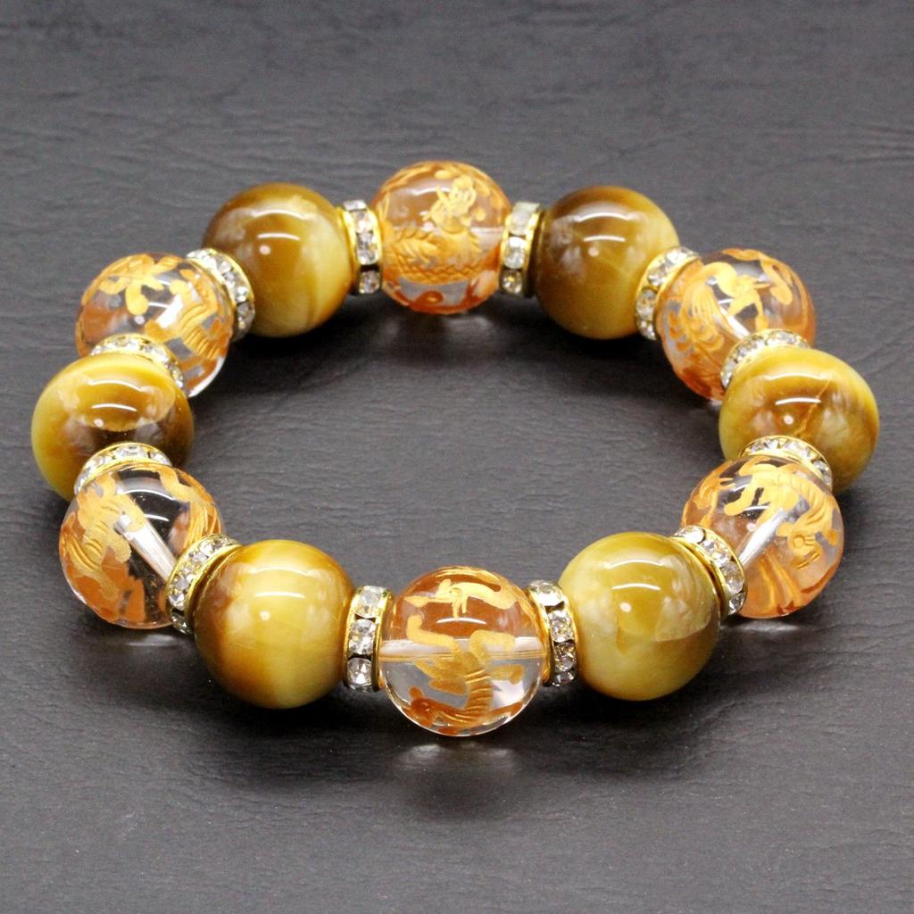 Golden Tiger Eye 16mm Four Gods Crystal Bracelet with Paulownia Box [Ishiki] Men's [b062]