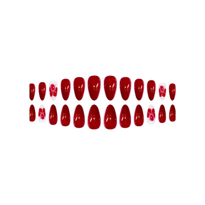 Red Glitter Pearl Flower Almond Shaped Wearable Nails