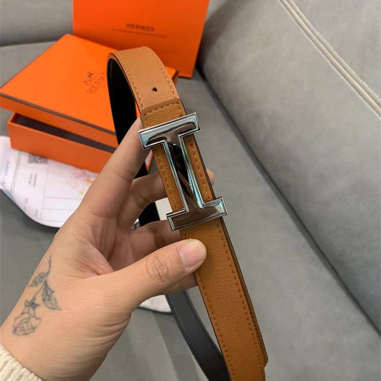 Women's Thin Leather Waist Belt - Simple Korean Style with Gold H Buckle In Candy Colors