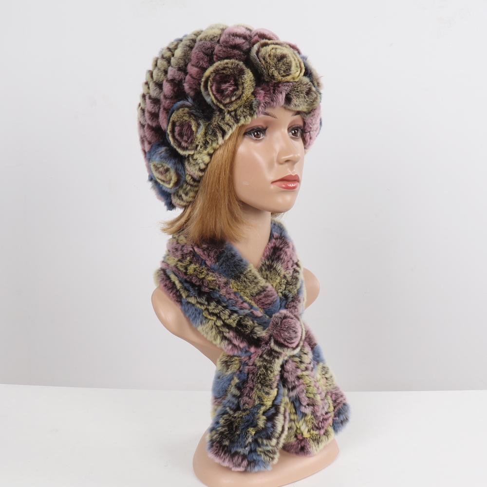 Hot Sale Lady Natural Fur Hats Scarves Sets Women Winter Knit Real Rex Rabbit Fur Hats Muffle 2 Pieces Real Fur Hat Scarf
