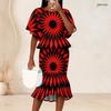 Women Plus Size Red Black Printed Round Neck Batwing Sleeve Ruffle Hem Top Fishtail Skirt Two Piece Set