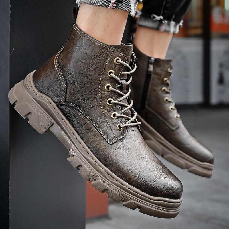 

High-end leather motorcycle boots men s Martin boots high-top shoelaces zipper 44