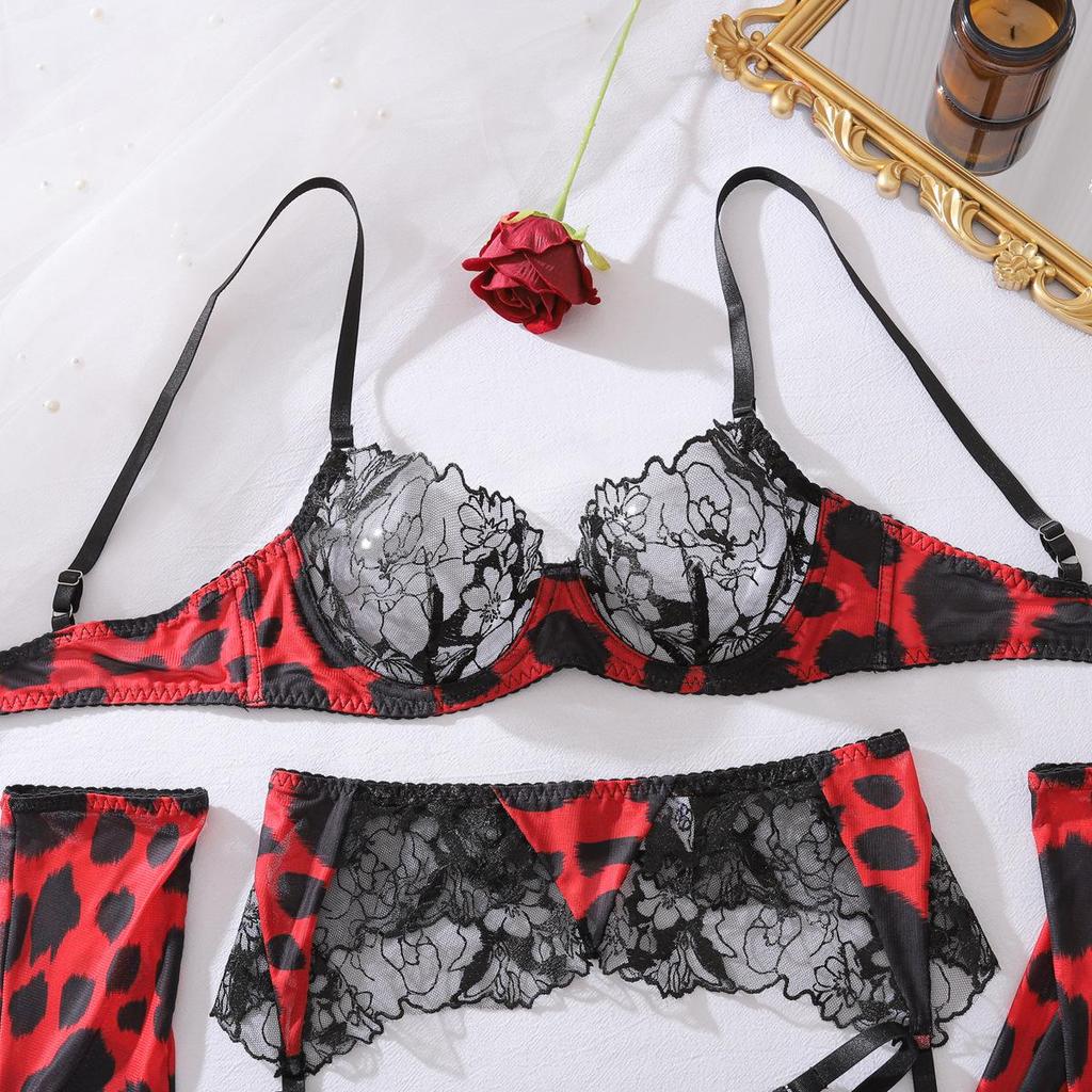 Sexy Damen-BH-Set Leopardenmuster Spitze Spleißung Dessous Mode Bequem 5-teiliges Dessous-Set
