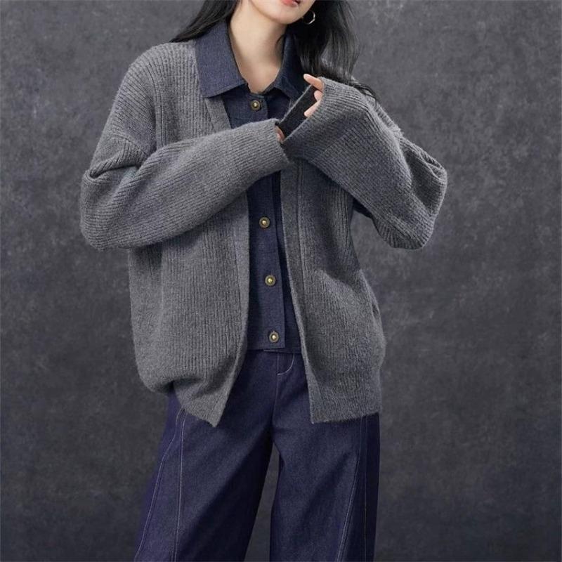 Premium Sense Loose Casual Fake Two-piece Denim Splicing Knitted Cardigan Women's Clothing Autumn and Winter New Sweater Jacket