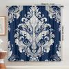 Elegant Navy Blue White Damask Pattern Curtains Drapery Soft Gray Background Luxurious Design Details Perfect Set Of 2 Made Polyester