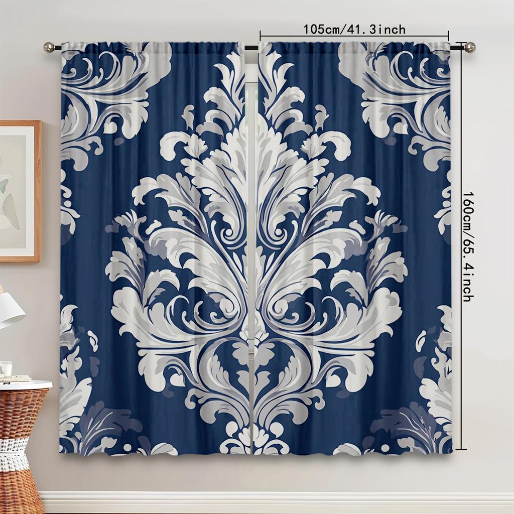 Elegant Navy Blue White Damask Pattern Curtains Drapery Soft Gray Background Luxurious Design Details Perfect Set Of 2 Made Polyester