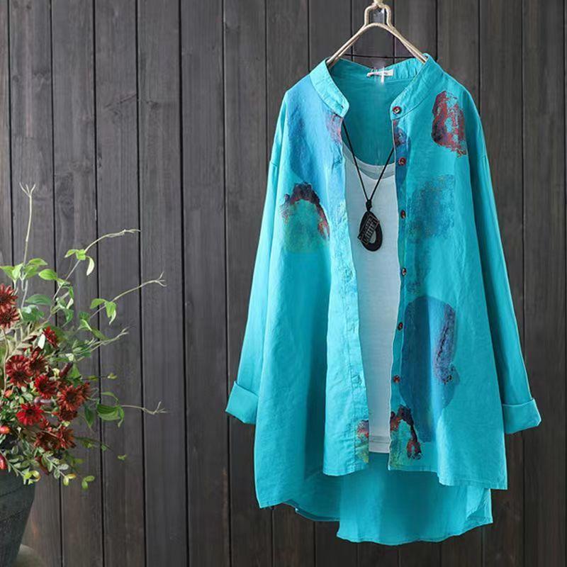 

Весна Осень Новая Рубашка с отложным воротником и длинным рукавом Модная с принтом Женская Хлопок Лен Свободная Повседневная Средней длины Универсальный Топ XXXL синий