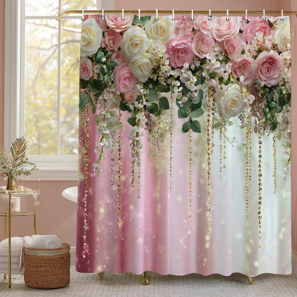 Rose Floral Pink Curtain Shower Curtain,Flowers Bathroom Decorative Shower Curtain, Printed Polyester Curtain with Hooks