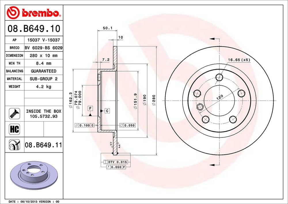BREMBO Disc rotor Part 08B64911 (Brembo) / number
