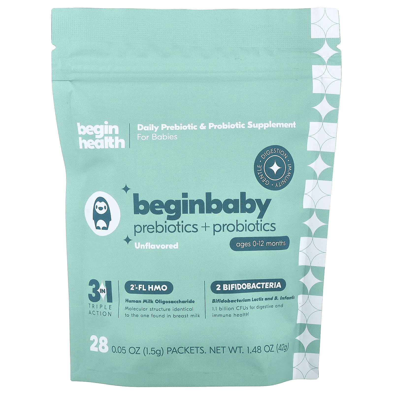

Begin Health, Children s, Beginbaby Prebiotic + Probiotic, 0-12 Months, Unflavored, 28 Packets, 1.5g (0.05oz) Each