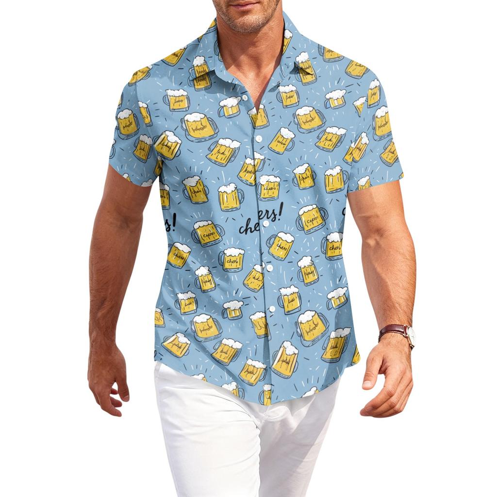 Camicia Casual da Uomo a Maniche Corte con Bottoni e Stampa Festival della Birra Tessuto Leggero Traspirante Vestibilità Rilassata Top Estivo