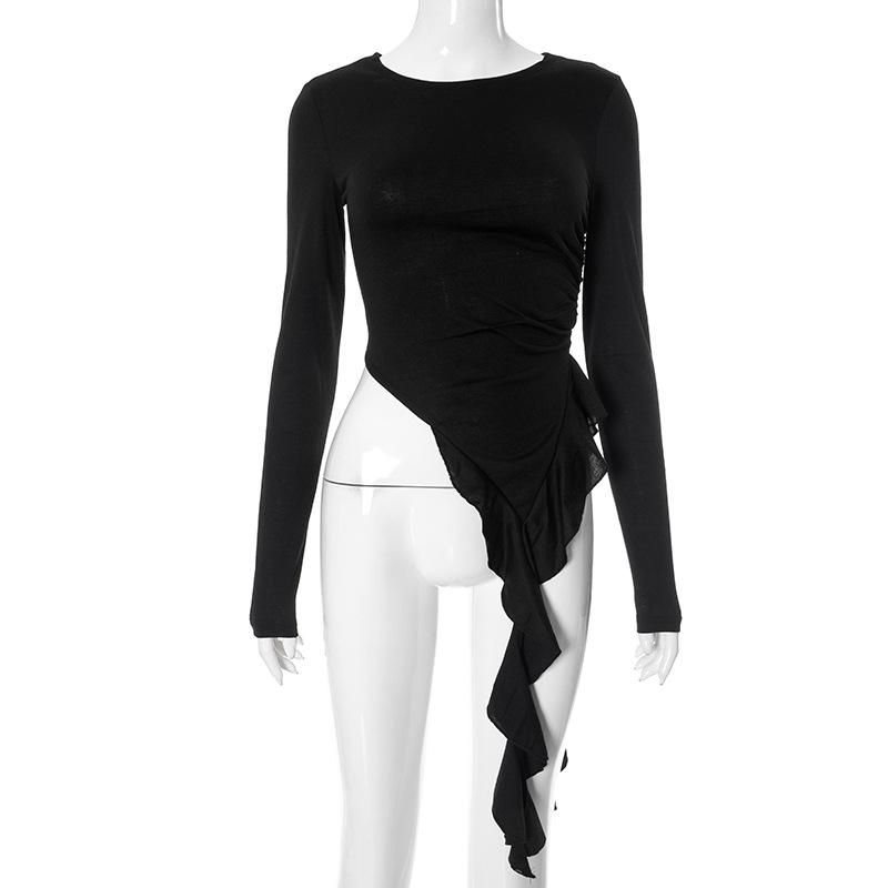 

Савасди Ка G24TP246 Топ с круглым вырезом, оборками, приталенного силуэта, с длинным рукавом для женщин Large