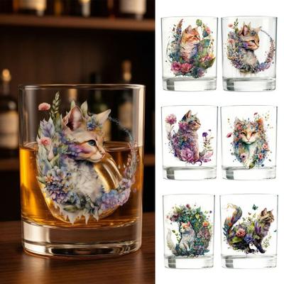 Cute Cat Floral Glass Juice Coffee Cup Milk Tea Glass Mug Artistic Whiskey