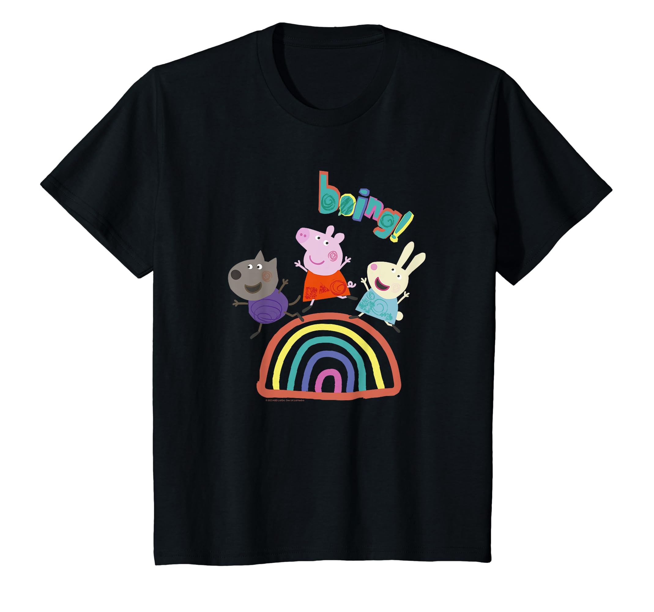 Kids Peppa Pig Friends Jumping And Having Fun Over Rainbow Boing! T-Shirt чёрный