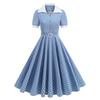 Women's Contrast Color Lapel Slim Fit Polka Dot Open Collar Lace-up Swing Mid-length Dress