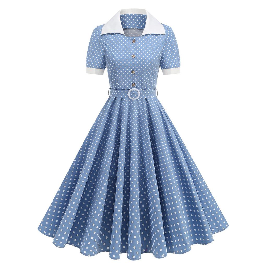 Women's Contrast Color Lapel Slim Fit Polka Dot Open Collar Lace-up Swing Mid-length Dress