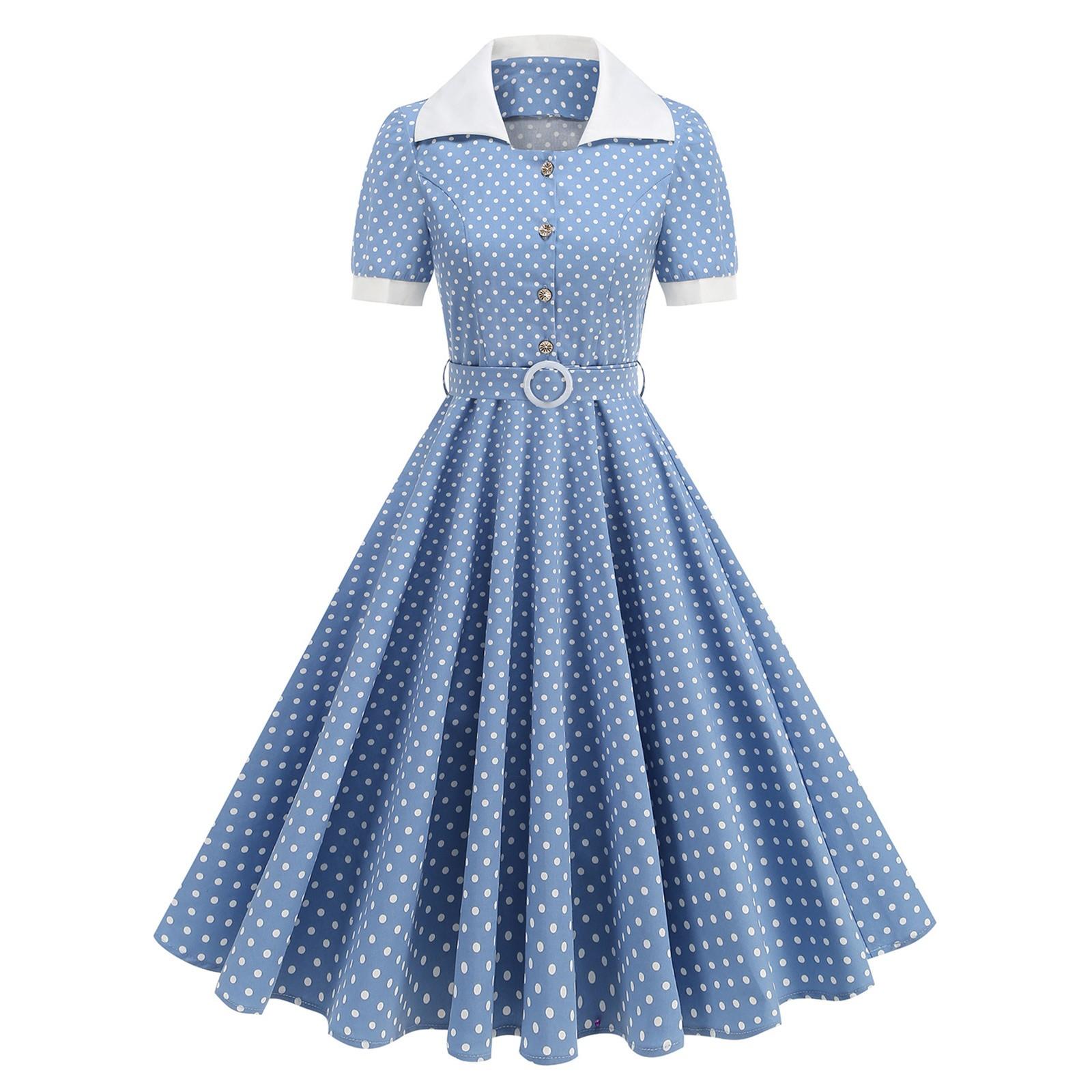 

Женское приталенное платье миди с контрастным лацканом, в горошек, с открытым воротником, на шнуровке, расклешенное M