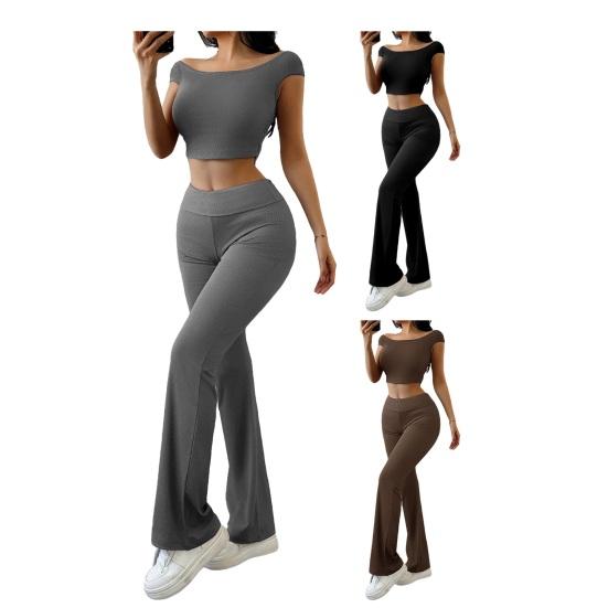 Women's 2 Piece Lounge Outfits Short Sleeve Crop Top High Waisted Flared Pants
