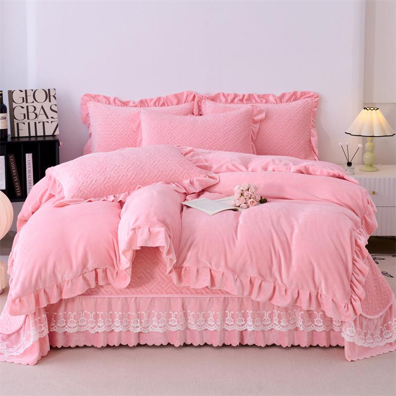 5.5Kg Solid Color Super Soft Thickened Milk Lace Bed Cover Four-Piece 1.8M Bed Cover