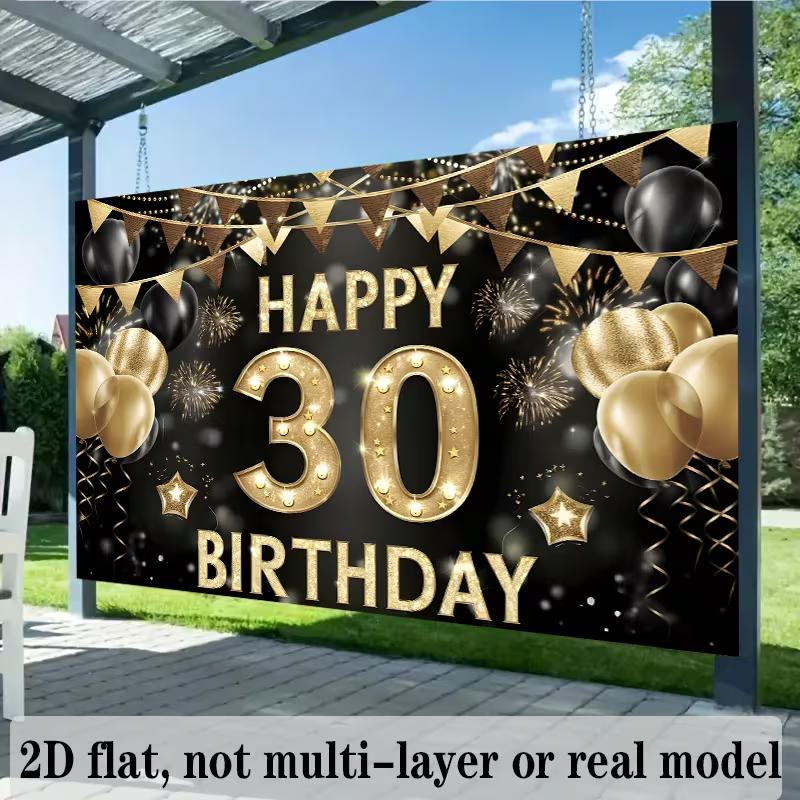 2D Black Gold 30th Birthday Backdrop Banner - Happy 30th Birthday Photo Background