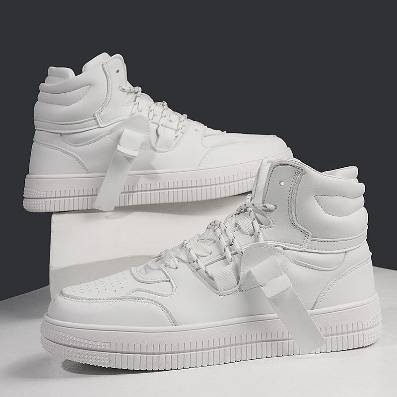 

Новая мужская обувь Кожаная повседневная обувь Модная обувь с высоким верхом Плоская обувь для скейтборда Молодежные уличные крутые кроссовки на шнуровке 45 белый