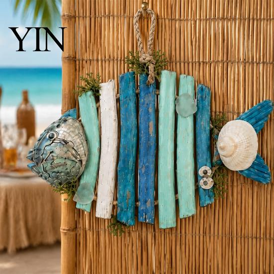 Nautical Wall Decor Lighted Wooden Fish Hanging Decor, Rustic Fishing Wood Sculpture with LED Lights, Retro Blue Art Coastal Beach Theme Farmhouse