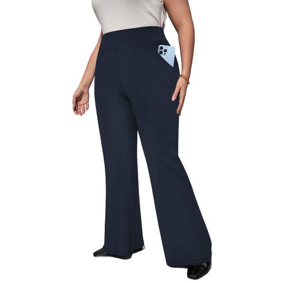 High Waist Yoga Pants Full-Length Women Leggings with Elastic Waist Solid Color Pockets Sport Style Flared Pants