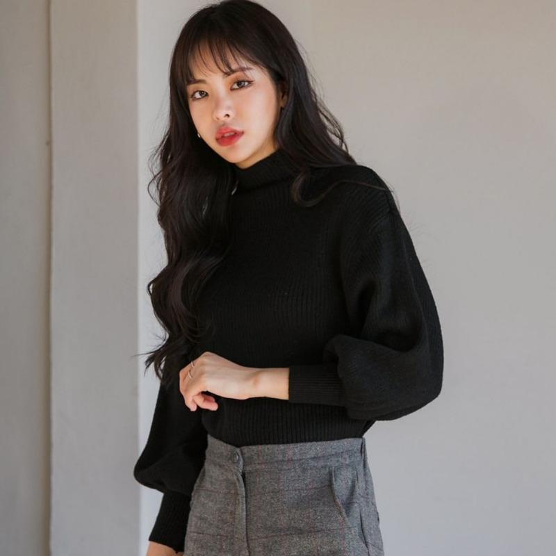 Women's Plus-Size Turtleneck Short-Sleeve Lantern-Sleeve Pullover Sweater Korean-Style Thickened Loose Puff-Sleeve Knitted Batwing Top